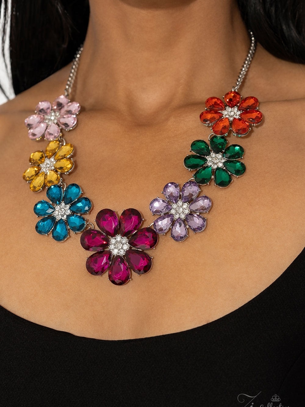 Multicolor Crystal Flower Statement Necklace - Women Jewelry